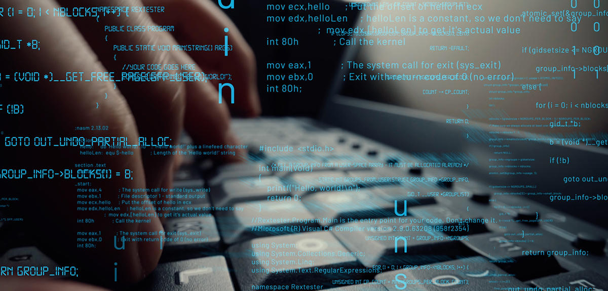 Creative visual of computer programming coding and software development shown by man working on computer keyboard with overlay of computer graphic displaying abstract program codes and computer script